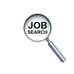 A silver magnifying glass with the words J O B S E A R C H in bold black text on a white background is shown against a white  background the magnifying glass is angled