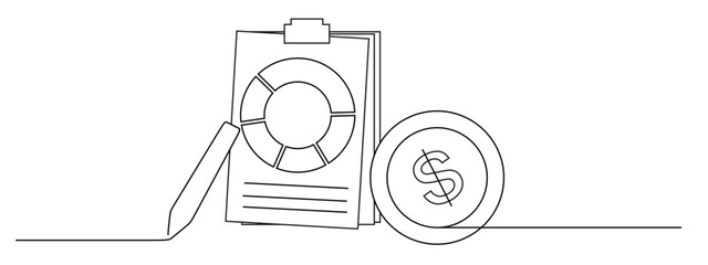 continuous one line art of Business Accounting Chart with Icons of some sheets of paper and pen and dollar coins. growth and profit in business income © mamat