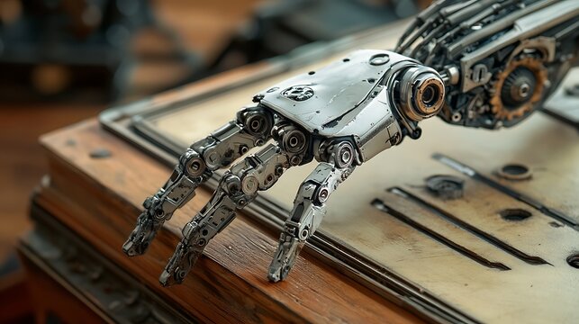 A mechanical model of a robotic torso on a metal workbench