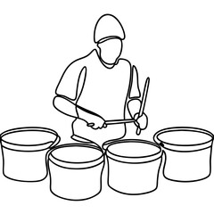 Street drummer playing bucket drums.  Talented musician performs on makeshift drums using buckets. Energetic street performer creates rhythmic music. This line art illustration is perfect for posters.