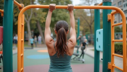 Obraz premium Woman exercising on outdoor fitness equipment in urban park
