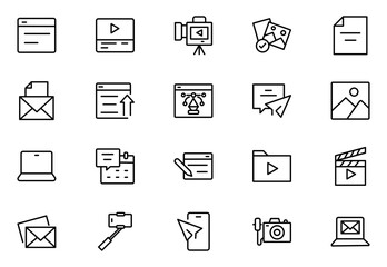 Blogging line icon set. Containing, influencer, content, creation, vlogger, social media, digital marketing, and community icons. Vector illustration.