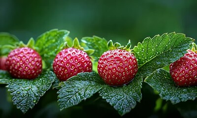 Four ripe red strawberries on a dewy green leaf. - Powered by Adobe