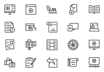 Blogging line icon set. Containing, influencer, content, creation, vlogger, social media, digital marketing, and community icons. Vector illustration.