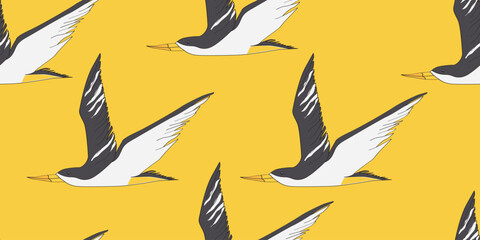Vector seamless pattern with seagulls flying on yellow background. Seamless with birds flying. Pattern for fabric, baby clothes, background, textile, wrapping paper and other decoration.