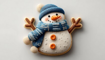 A close up of a snowman cookie with a blue hat and scarf on a white background surface view
