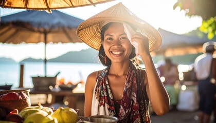 Smiling Woman in Straw Hat at Outdoor Market Near the Water