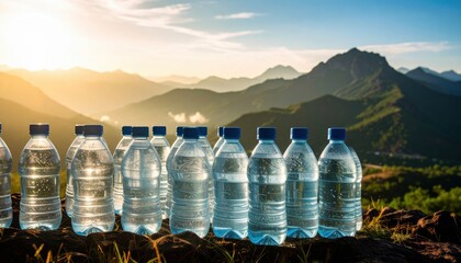 Sunlit Bottles of Water Against Majestic Mountain Landscape