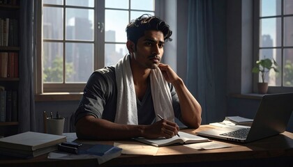Thoughtful man writing notes in a cozy study with natural light