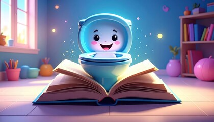 Whimsical Toilet Character in Playful Room with Open Book