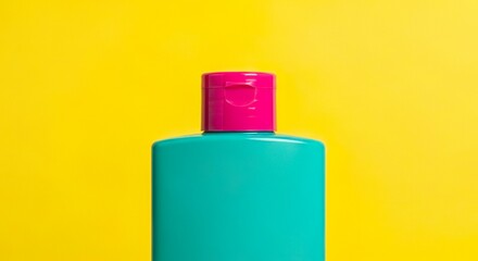 Teal Cosmetic Bottle with Pink Lid on Yellow Background