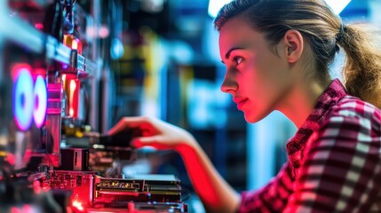 Woman Engaged in Technology Work in a Brightly Lit Environment