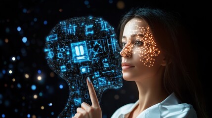 Woman Interacting with Digital Human Face Representing AI Concepts