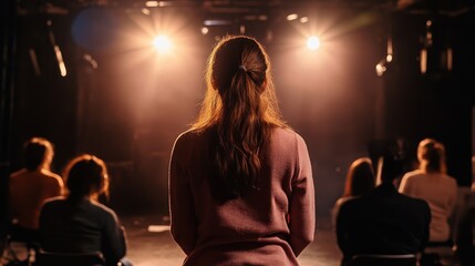 Woman Watching Performance on Stage with Dramatic Spotlights