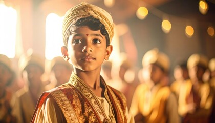 Young Boy in Traditional Attire with Cultural Background Setting