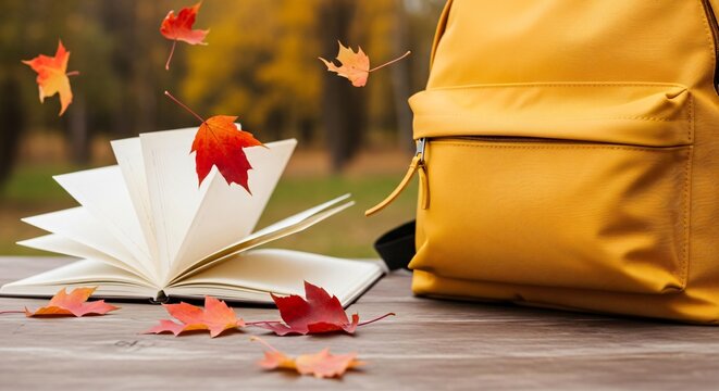 Back to school with an open notebook, a yellow backpack and falling maple leaves on a wooden table. Ideal for autumn, education, and seasonal sales campaigns. - Powered by Adobe