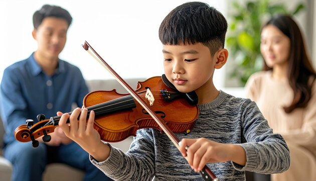 Young Boy Playing Violin at Home with Parents Watching Fondly