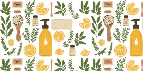 seamless pattern with set of cosmetic elements and herbs vector illustration