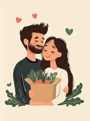 cute young man and woman with grocery bag vector illustration