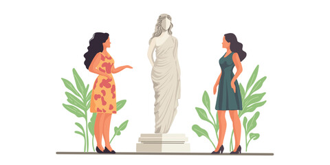 two women visiting museum and admiring sculpture vector illustration