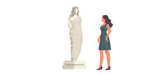 woman visiting museum and admiring sculpture vector illustration