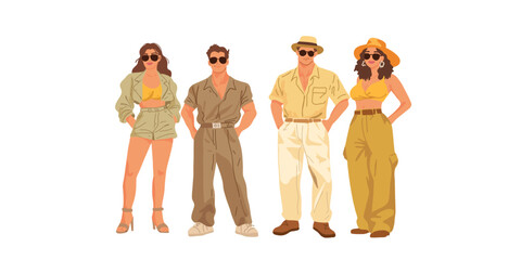 group of stylish young people in safari style clothing vector illustration