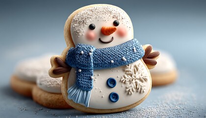 A delightful snowman cookie with a blue scarf and sweet details on a light blue background scene