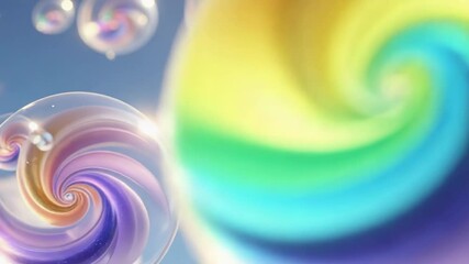 Floating transparent spheres drifting upward and rotating in blue sky, with rainbow spirals - Powered by Adobe
