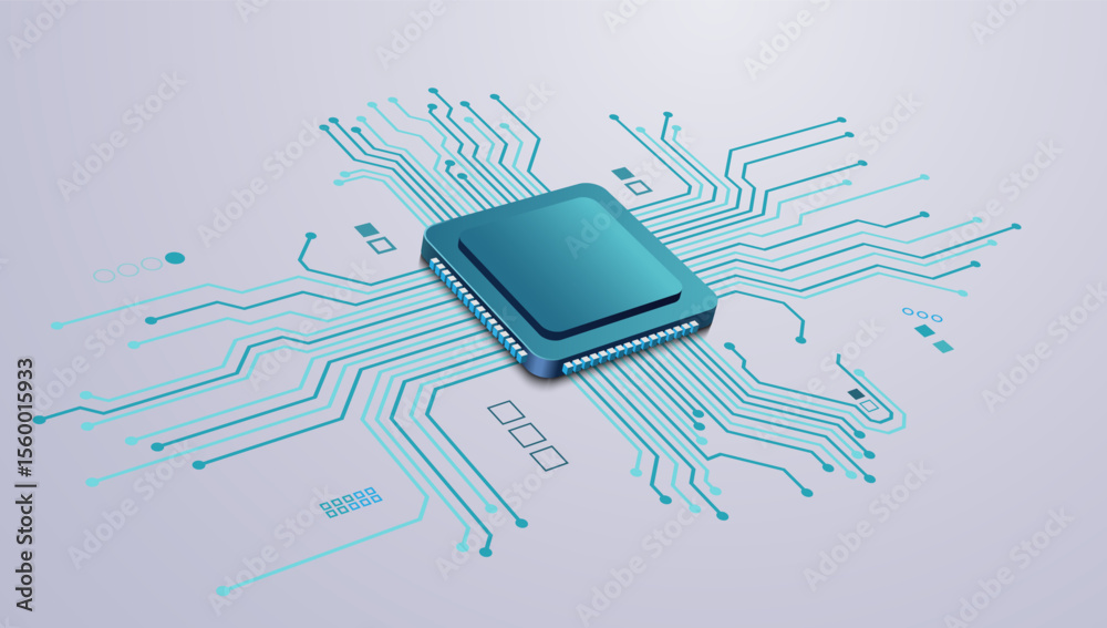 Poster 3d illustration of a microchip processor connected with a digital circuit board, symbolizing technol