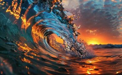 A captivating ocean wave curls majestically as the sun descends on horizon
