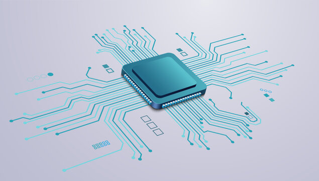 3D illustration of a microchip processor connected with a digital circuit board, symbolizing technology, computing, electronics, and digital innovation.