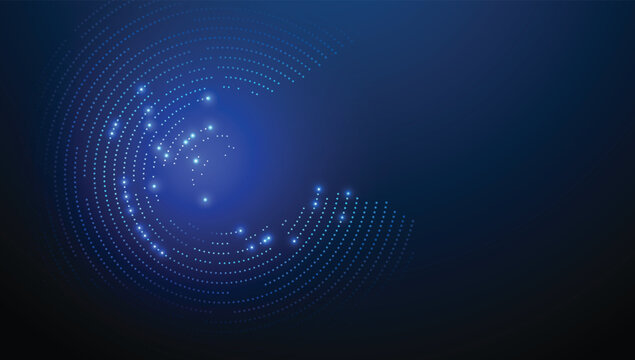 Abstract technology background with glowing circular dots and radial digital wave effects on a deep blue gradient backdrop. Perfect for data, AI, tech, communication, or futuristic design themes.
