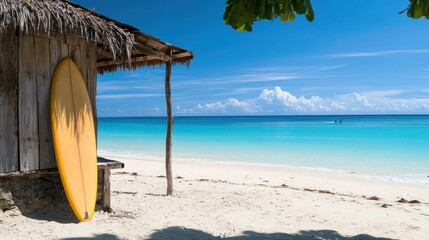 Beach hut and surfboard