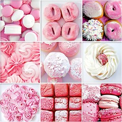 Pink confectionery collage showcasing various sweet treats in appealing aesthetic arrangement