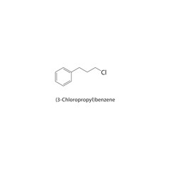 (3-Chloropropyl)benzene skeletal structure. Halogenated aryl alkane compound schematic illustration. Simple diagram, chemical formula.