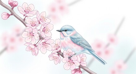 Watercolor Bird in Spring Blossoms