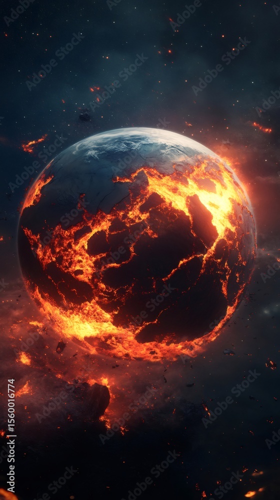 Poster Seismic waves are fracturing planet earth, causing magma to erupt from its interior and spread into space, creating a catastrophic scenario