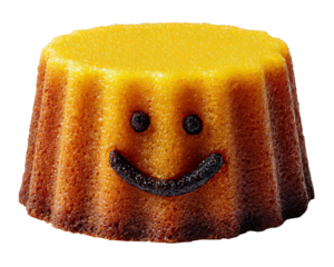 Smiling pound cake yellow top brown sides isolated on white cheerful dessert playful face sweet treat bakery item fun food happy mood