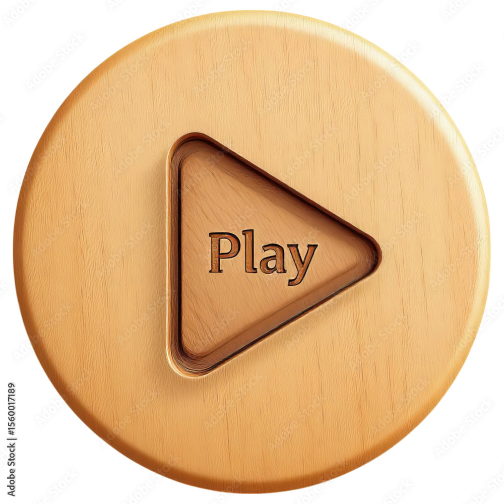Fototapete wooden play button icon with engraved text isolated on transparent background
