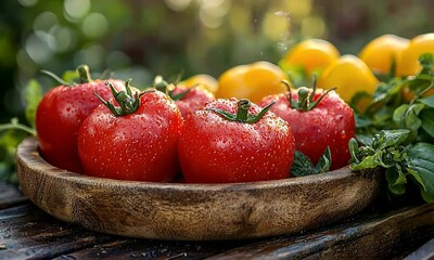 Fresh red and yellow tomatoes in wooden bowl, water drops. - Powered by Adobe