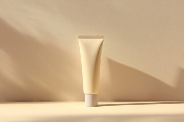Tube of cream cosmetics minimalism beige background, Minimalist tube of cream cosmetics set against a soft beige background, emphasizing simplicity and elegance