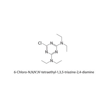 6-Chloro-N,N,N&rsquo;,N&rsquo;-tetraethyl-1,3,5-triazine-2,4-diamine skeletal structure. Halogenated triazine derivative compound schematic illustration. Simple diagram, chemical formula.