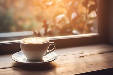 Obraz premium Cozy Coffee Shop Vibe: A Cup of Hot Coffee with Sunlight