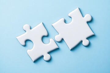 Obraz premium two white puzzle pieces matching together againt light blue background, Two white puzzle pieces interlocking against a light blue backdrop, representing collaboration and harmony