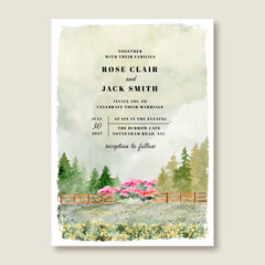 wedding invitation card with beautiful landscape watercolor background