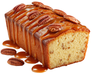 Caramel drizzle pecan pound cake dessert sweet baked golden moist homemade delicious pound cake topped with caramel drizzle and pecans creating rich and inviting dessert scene