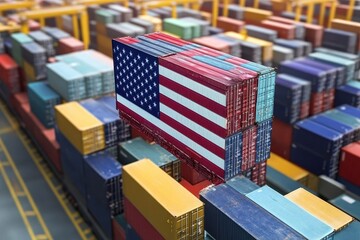 Fototapeta premium United States policy of increased import tariffs in 2026 concept with USA Flag, Concept image depicting the 2026 U.S. policy of increased import tariffs with the American flag in the background