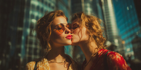 Modern girls share a kiss in front of mirrored high rises in a vibrant city center