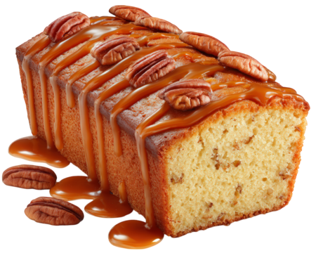 Caramel drizzle pecan pound cake dessert sweet baked golden moist homemade delicious pound cake topped with caramel drizzle and pecans creating rich and inviting dessert scene