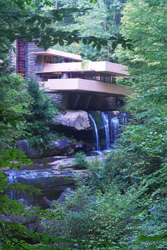 Fallingwater house, a retreat designed for Liliane and Edgar J Kaufmann in 1935 by architect Frank Lloyd Wright, Pennsylvania, U.S.A.